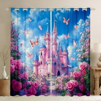 Homewish Blue Pink Castle Black Out Curtains, Romantic Butterfly Rose Curtains Pack of 2 (42x63 Each), Teens Kids Girls Bedroom Curtains, Curtains and Drapes Decor