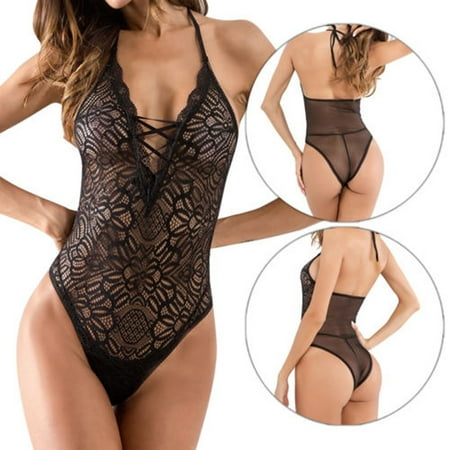 

Sunisery Woman s Plus Size One-piece Sexy Lingerie Hollowed-out Mesh Halter Jumpsuit