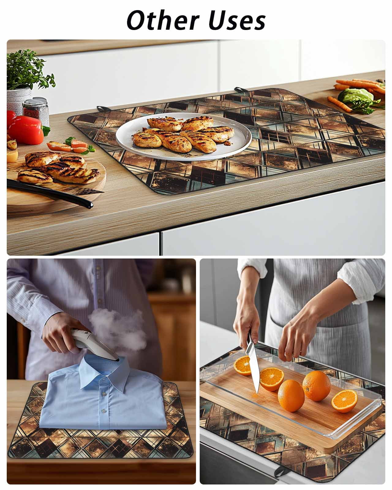 Stove Top Covers for Electric Stove, Brown Teal Geometric Glass Stovetop Cover Protector, Retro Modern Plaid Abstract Art Induction Cooktop Protector Oven Mat for Kitchen Countertop 24"x21"