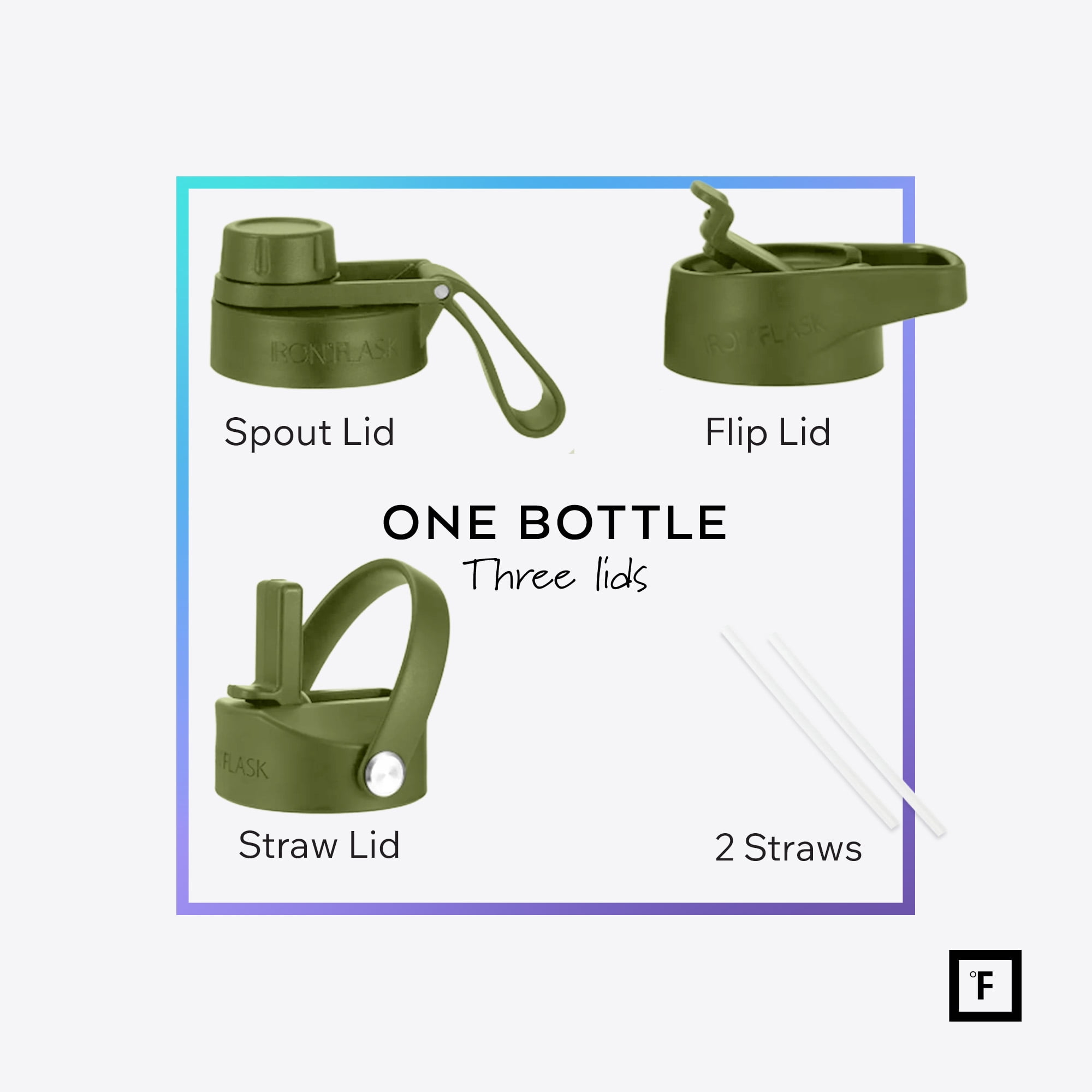 Iron Flask Stainless Steel Water Bottle 22 oz Olive Green with 3 Lids