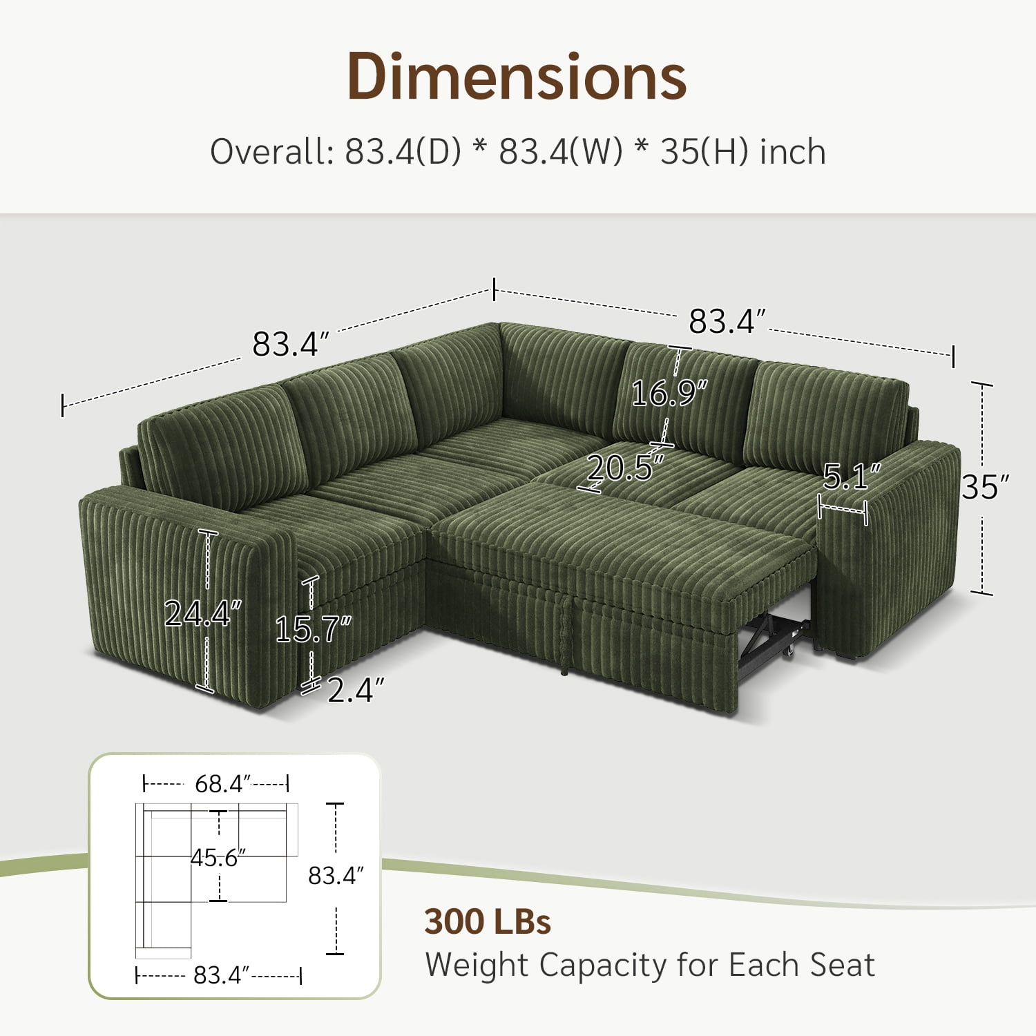 Marrber 84” Convertible Sectional Sleeper Sofa with Pull-Out Sofa Bed, L-Shaped Corner Sofa with Reversible Chaise and Hidden Storage, Pet-friendly Plush Corduroy for Living Room, Green
