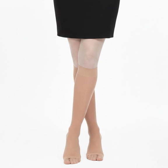Actifi Women’s Sheer Open Toe Knee High Compression Stockings 8-15 mmHg | Lightweight breathable latex-free fabric with a soft non-binding 1-inch top band and shaped heel for lasting daily comfort
