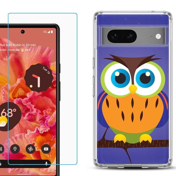 Slim-Fit Gel TPU Phone Case for Google Pixel 7, with Tempered Glass Screen Protector, by OneToughShield ® - Night Owl