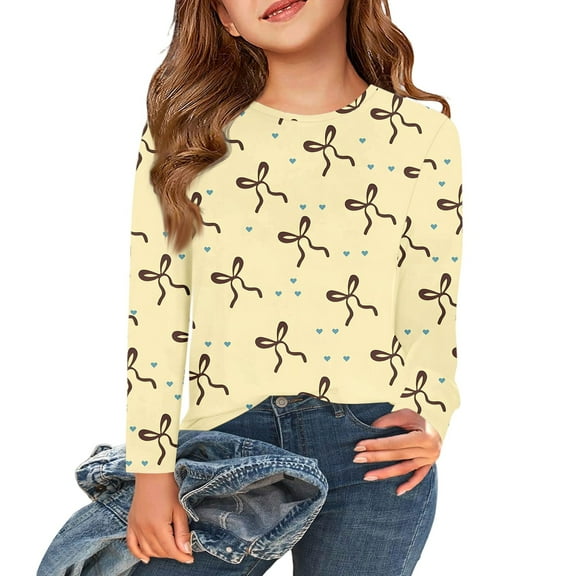Abcomgle Girls Long Sleeve Shirts 10-12 Trendy Bow Graphic Crewneck T-Shirts for Kids Girls Winter Basic Top for Girls Loose Girls Tunic Tops 8-9 Years,Coffee