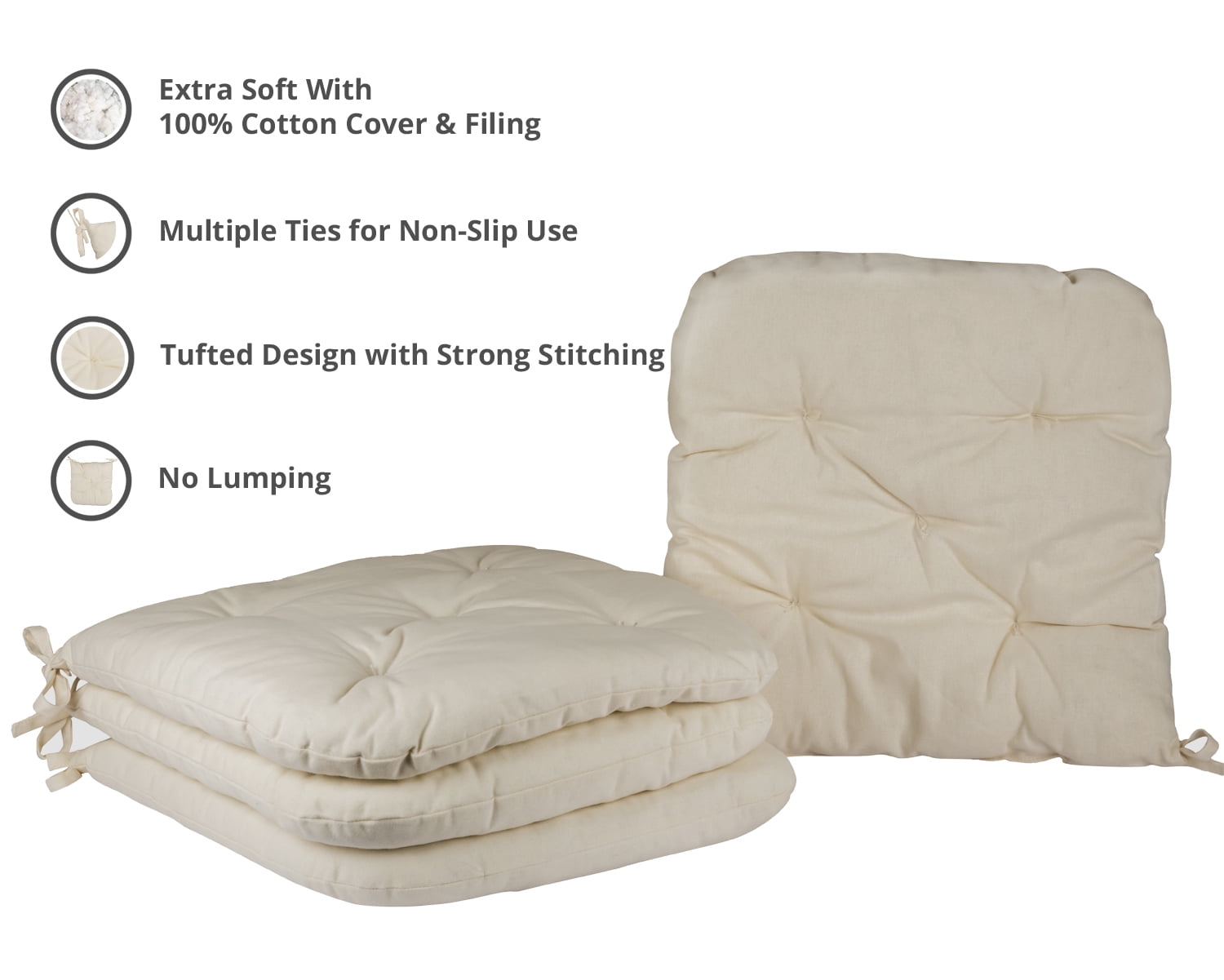 Catereco Cottone 100pct Cotton Chair Pads W Ties Set Of 4 16 X 15 Square Round Extra Comfortable Soft Seat Cushions Ergonomic Pillows For Rocking Dining Patio Camping Kitche Set Of