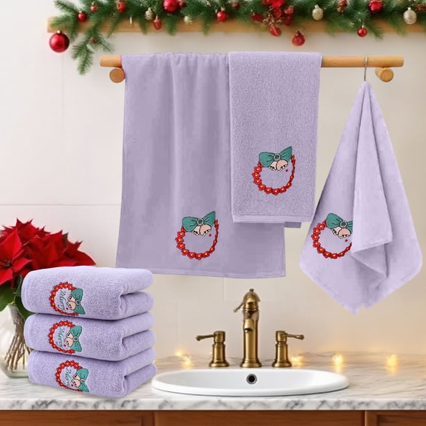 Uuiauoio Christmas Themed Embroidered Cotton Towels Set of 3, Festive Holiday Design for Bathroom and Kitchen, Soft Absorbent Household Towels for Guest Use and Seasonal Decor