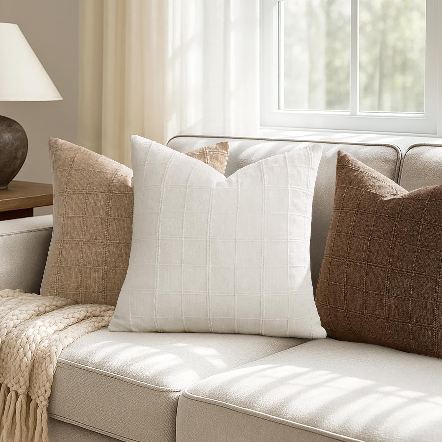 Linen Check Throw Pillow Covers Set of 2 - Natural Beige Farmhouse Modern Boho Vintage Decorative Cushion Covers for Sofa Couch Bedroom Living Room Decor（no pillow inset）