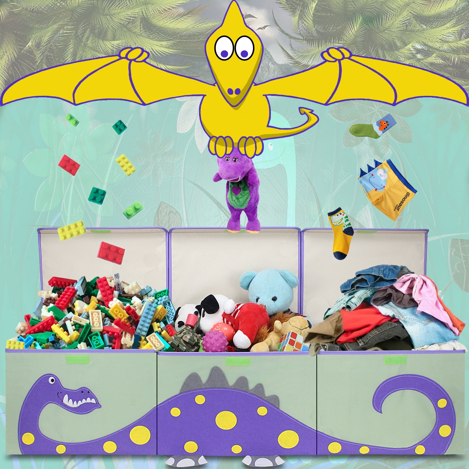 ASKETAM Kids Dinosaur Toy Box - Large Storage Bin for Boys & Girls, Cute Organizer (Purple Dinosaur)