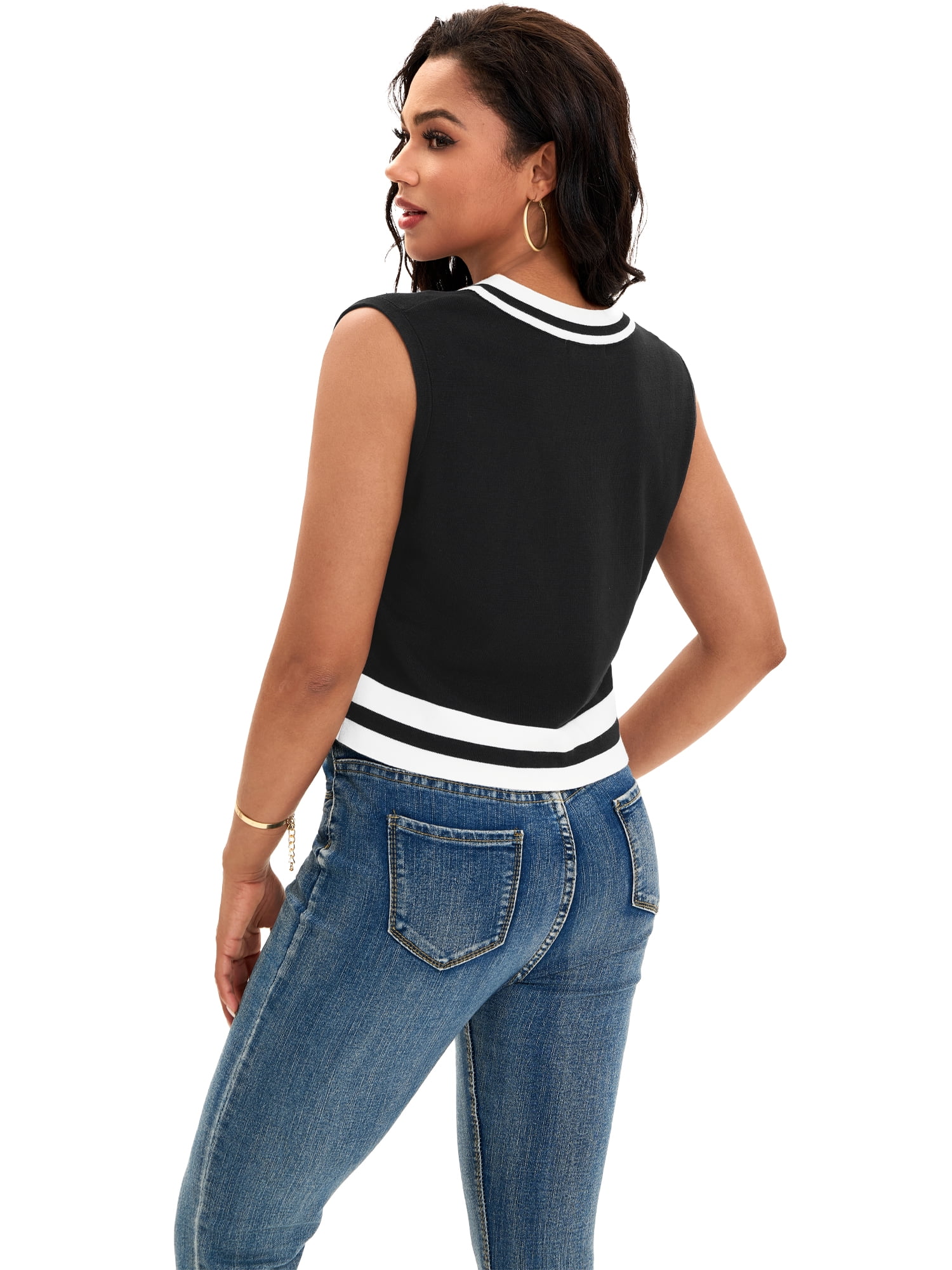 DARING DIVA Women's Cropped Sweater Vest Tank Tops M Black White