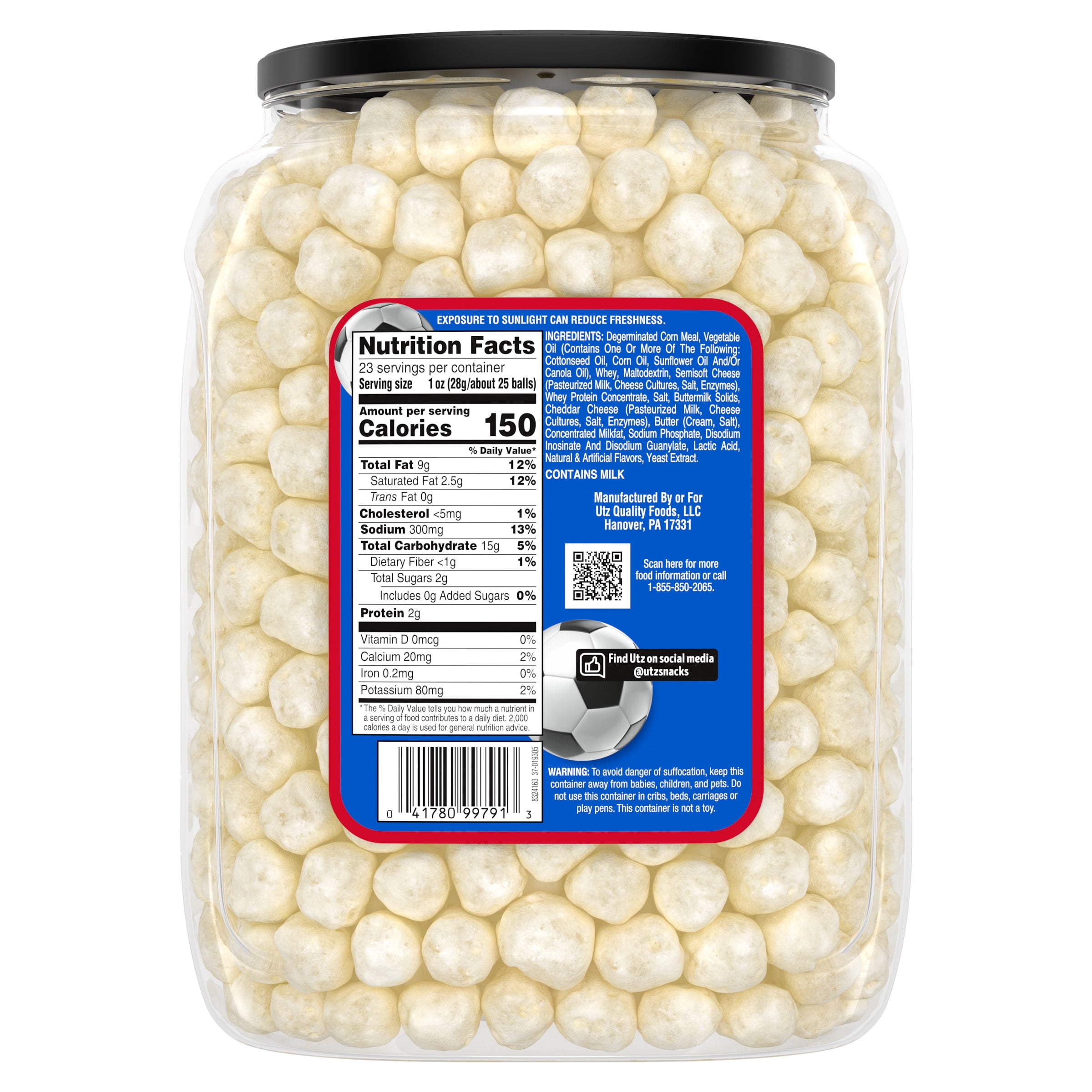 Utz White Cheddar Cheese Balls, 23 oz Barrel