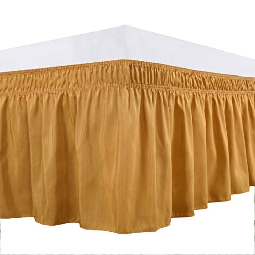 Biscaynebay Wrap Around Bed Skirts, Gold for Queen Size Beds 15 Inches Drop, Elastic Dust