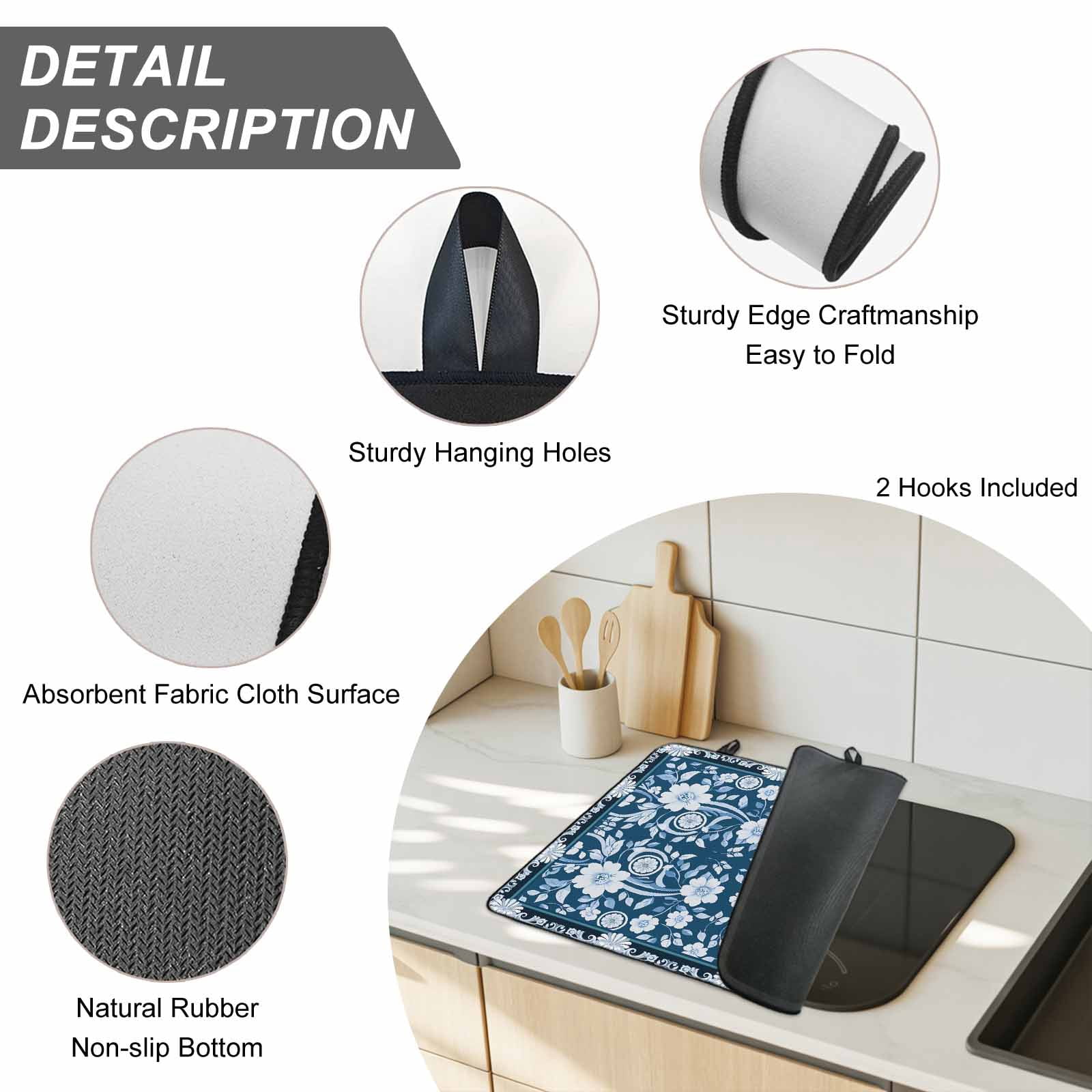 Blue White White Flowers Stove Top Cover for Electric Stove, Heat-proof & Non Slip Glass Top Stove Cover Protector, Rustic Vintage Botanical Leaves Kitchen Flat Cooktop Rubber Mat 24x21 Inches