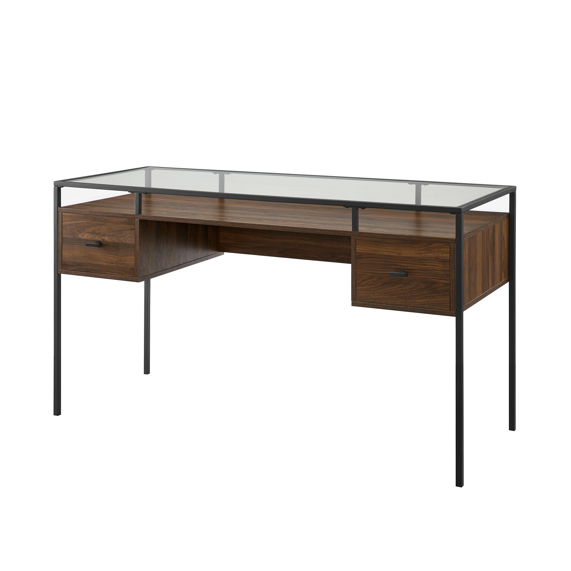 Walker Edison Carlisle Dark Walnut 2-Drawer Glass Top Writing Desk