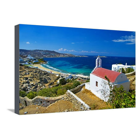 Beautiful View with Small Church on Mykonos Island, Greece Stretched Canvas Print Wall Art By