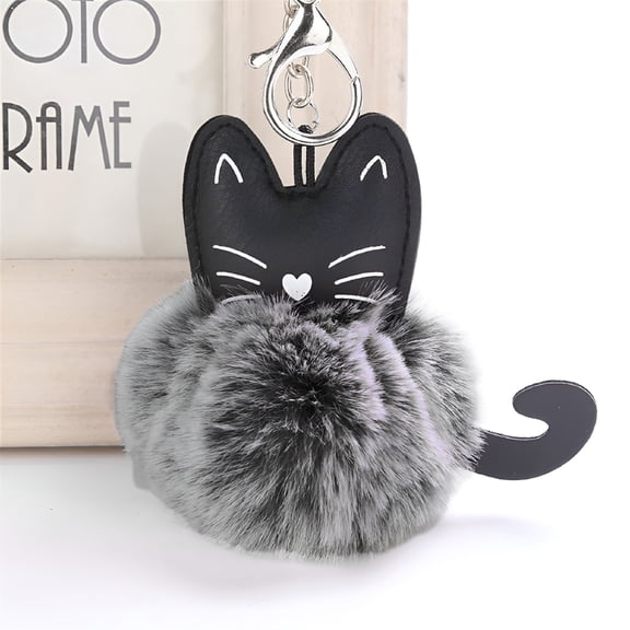 AURENIX 8CM Cute Cat Keychain Pendant Women Key Ring Holder Pompoms Key Chains Gray