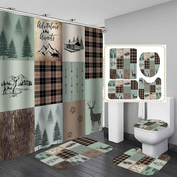 4PCS Camo Deer Shower Curtain Set, Camouflage American Flag Elk Moose Woodland Forest Animal Wildlife Hunting Lodge Cabin Country Rustic Farmhouse Men Bathroom Decor, Non-Slip Bath Mat