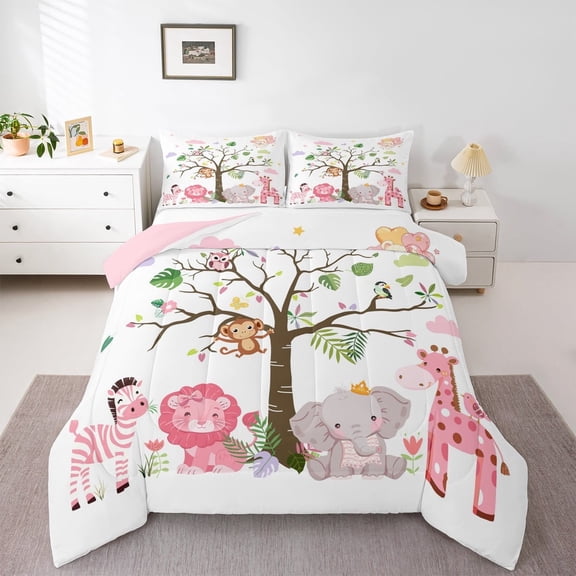 Feelyou Kawaii Zoon Animal Bedding Comforter Set, Pink Lion Giraffe Elephant Twin Comforter Sets, Teen Kid Boy Girl Reversible Bedding Set, Breathable Home Decor, 2pcs