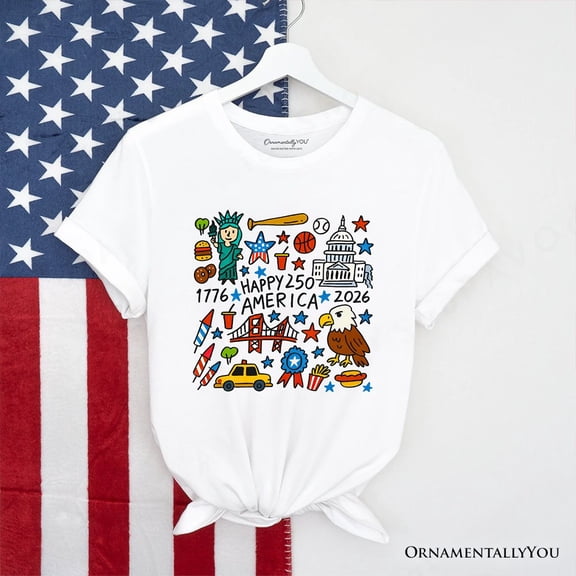 Happy 250 America Doodle T-Shirt, Patriotic USA 1776-2026 250th Anniversary Tee