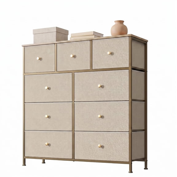 EDX 9 Drawer Dresser, Wide Chest of Drawers Nightstand Storage Tower Storage Fabric Dresser with Wood Top for Living Room, Bedroom, Hallway,Khaki