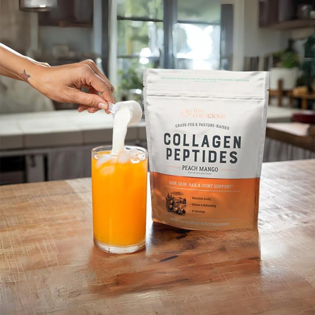 Live Conscious Peach Mango Collagen Peptides Powder, Grass-Fed Types I & III, Skin, Hair, Nails & Joint Support, 30 Servings