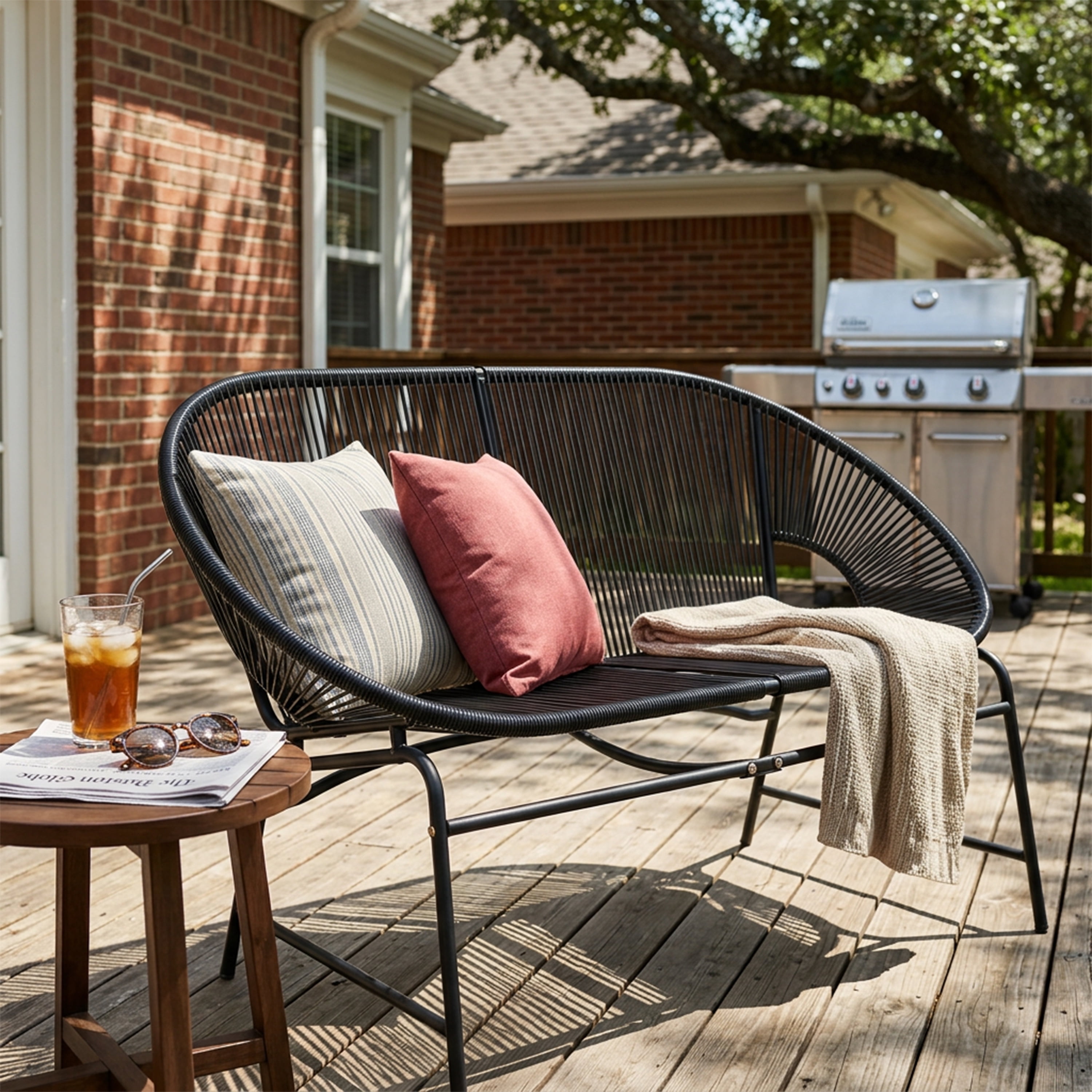 Outdoor PE Rattan Wicker Loveseat with Iron Frame for Porch Garden Balcony, Black
