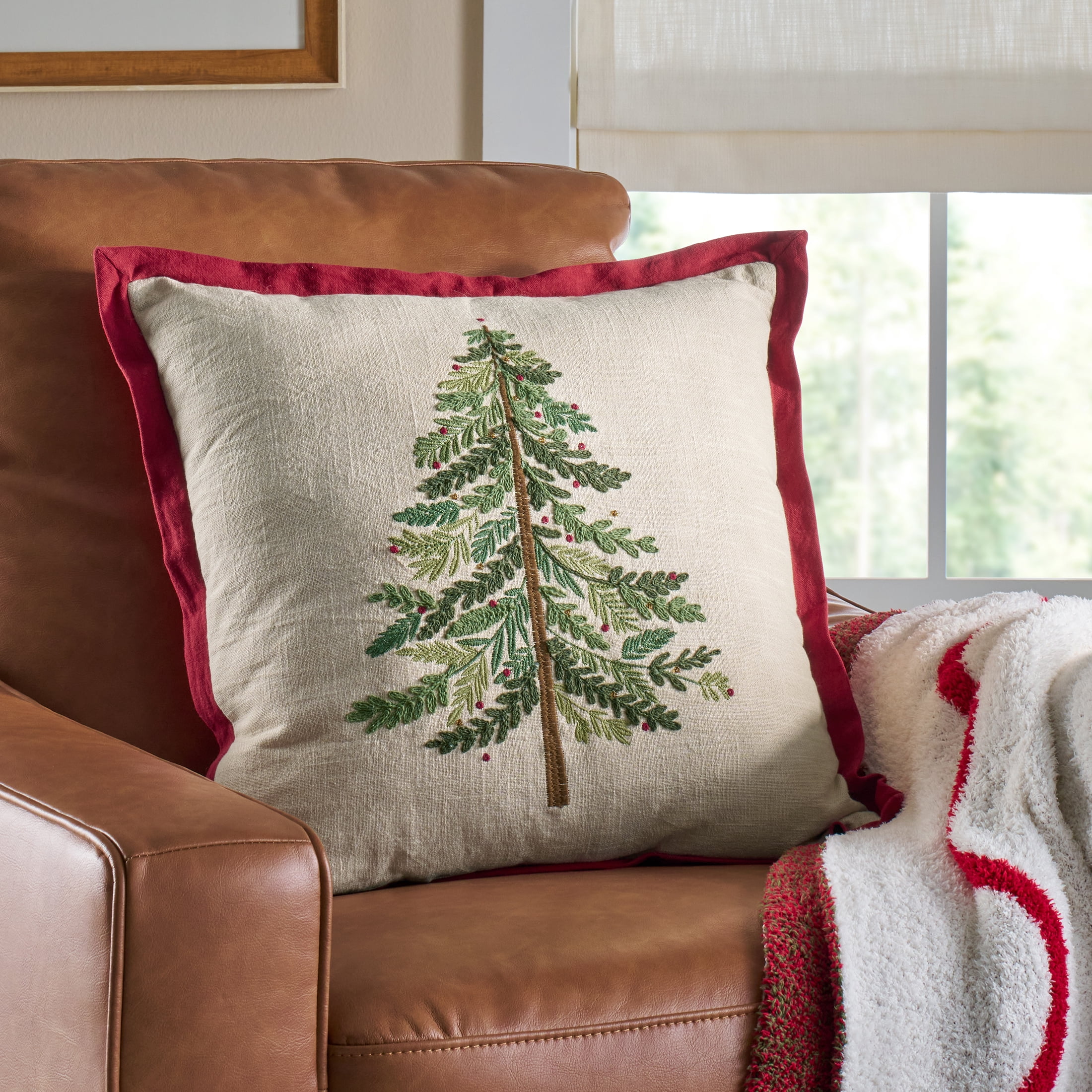 Better Homes & Gardens 20 in x 20 in Embroidered Holiday Tree Throw Pillow, Red/Multi
