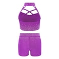 thumbnail image 4 of Mufeng Girls Gymnastics Ballet Dancewear 2Pcs Shiny Rhinestone Crop Top And Shorts Set Dance Stage Performance Outfit Purple 12, 4 of 5