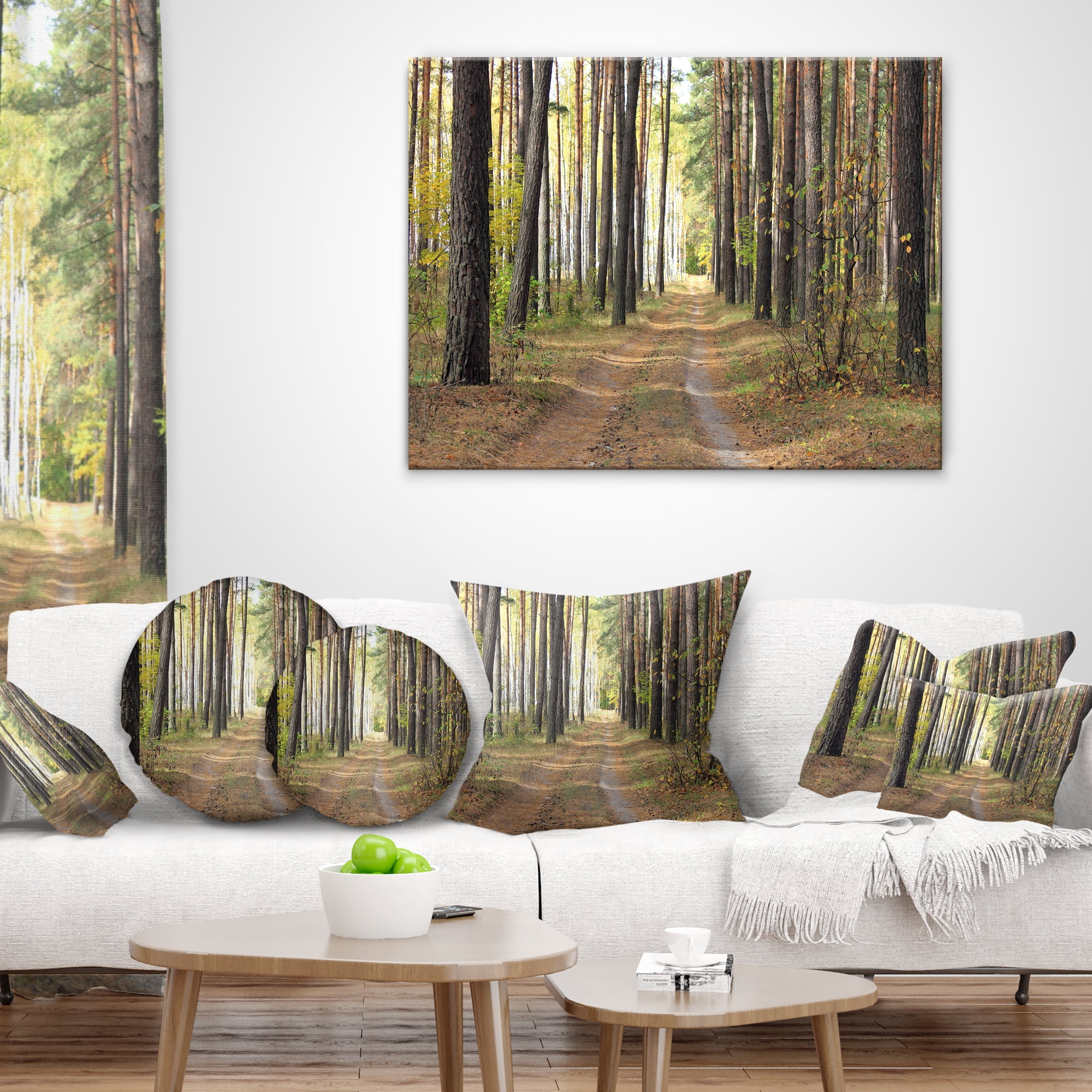 Designart Pathway in Autumn Pine Forest - Modern Forest Throw Pillow - 16x16