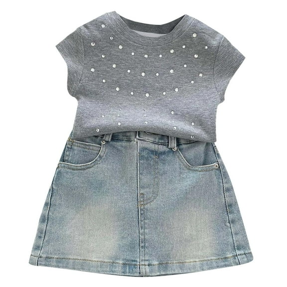 MEZZALL Girls Clothing Sets 3-10 Year Girls Casual Summer Wear Blouse Tops And Denim Short Skirt Sets Casual Clothing Comfortable Elastic Material Daily Wear Toddler Outfits Birthday / 5-6 Years