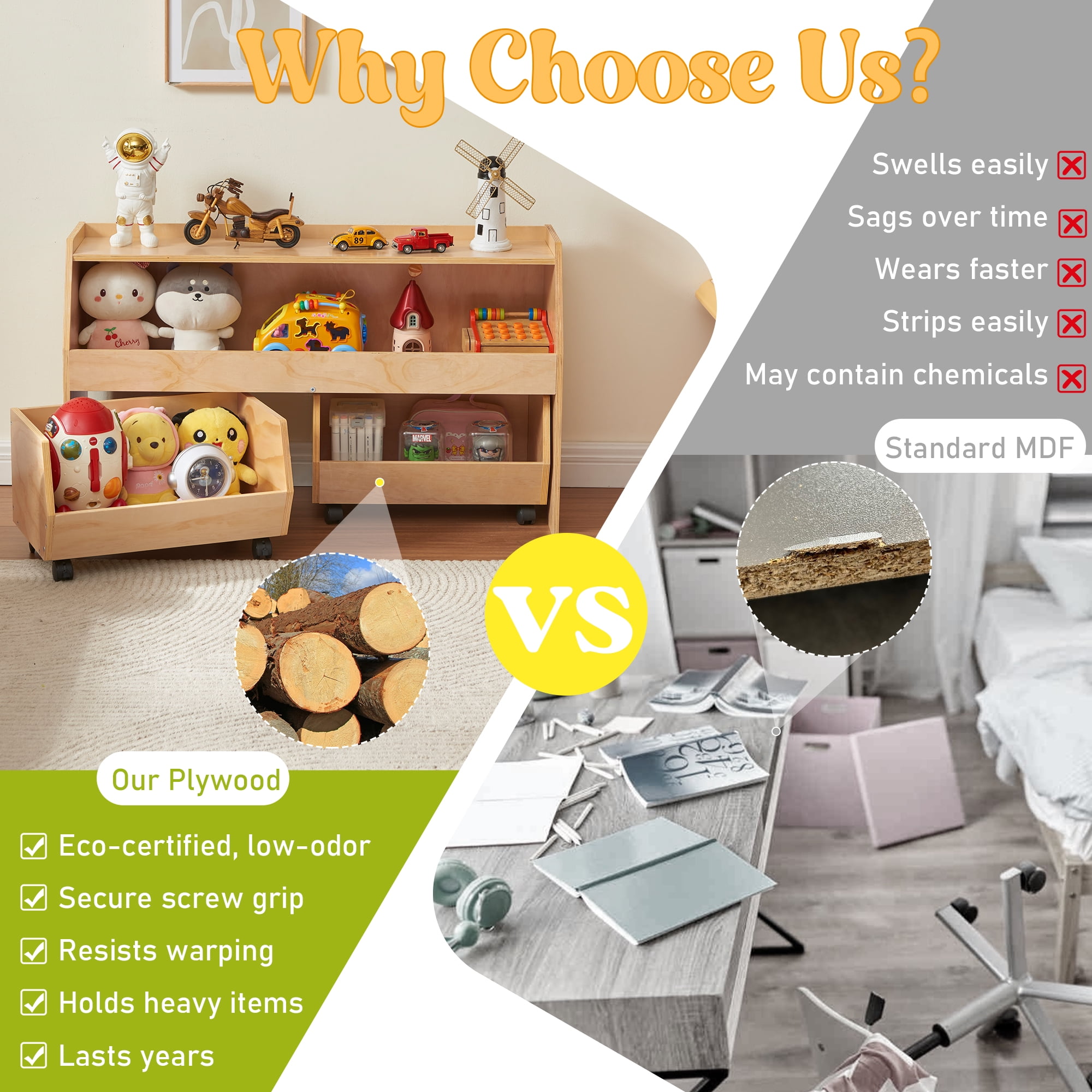 EHEY 3-in-1 Kids Toy Storage Organizer with 2 Pull-Out Drawers, 2-Tier Wooden Bookshelf with Wheels, 150LBS Capacity Montessori Shelf for Playroom, Nursery