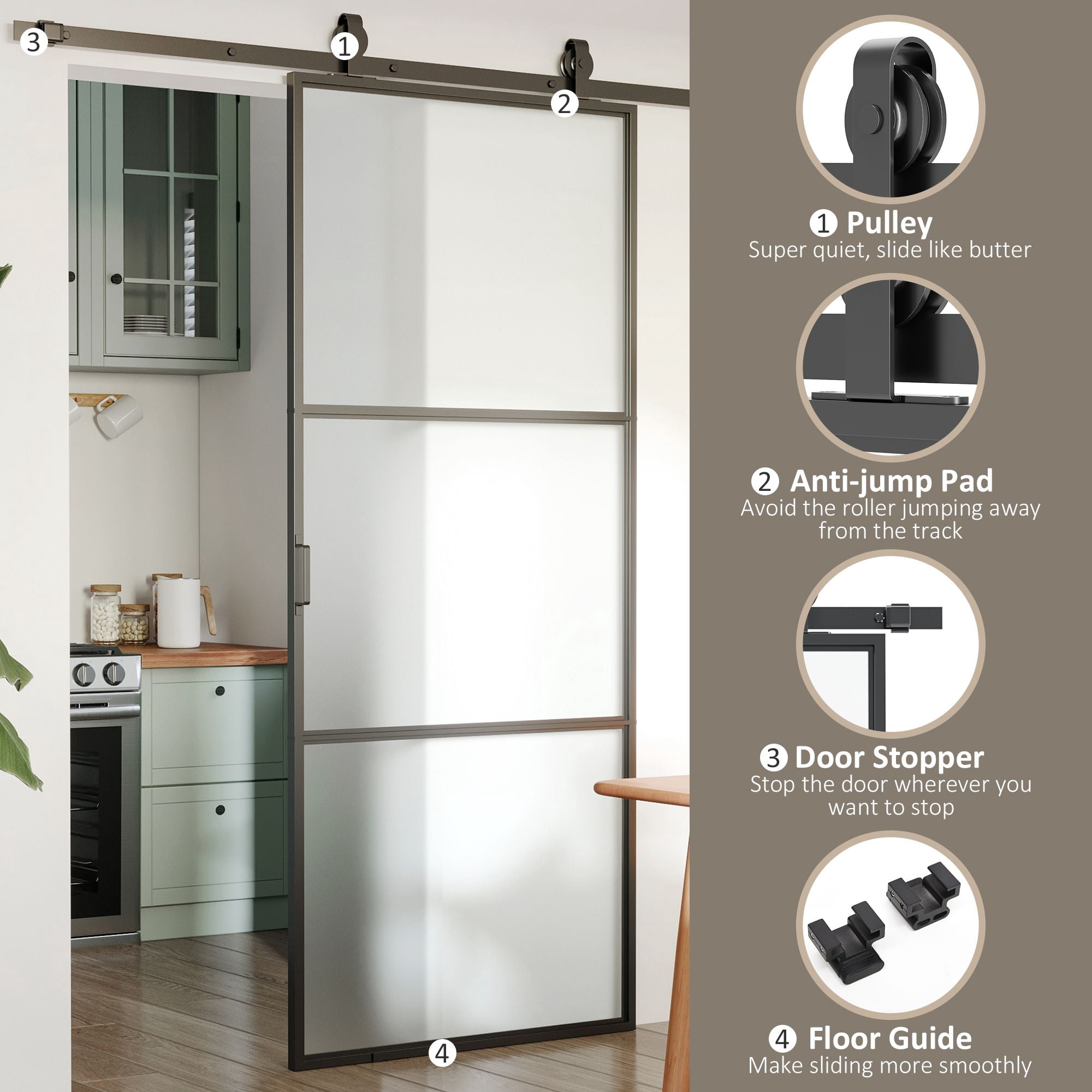 36 x 84 in Sliding Door with 6FT Hardware Kit and Handle, Industrial Frosted Tempered Glass Door with Carbon Steel, Easy Installation