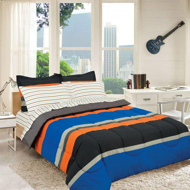 Gray Orange Blue Stripes Boys Teen, Gray And Blue Twin Bedding