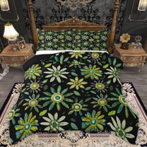 Manfei Western Tribal Floral Full Size Comforter Sets, Black Green Hippie Plant Bedding Comforter Set, Retro Boho Abstract Reversible Bedding Sets, Lightweight Room Decor, 3-Piece