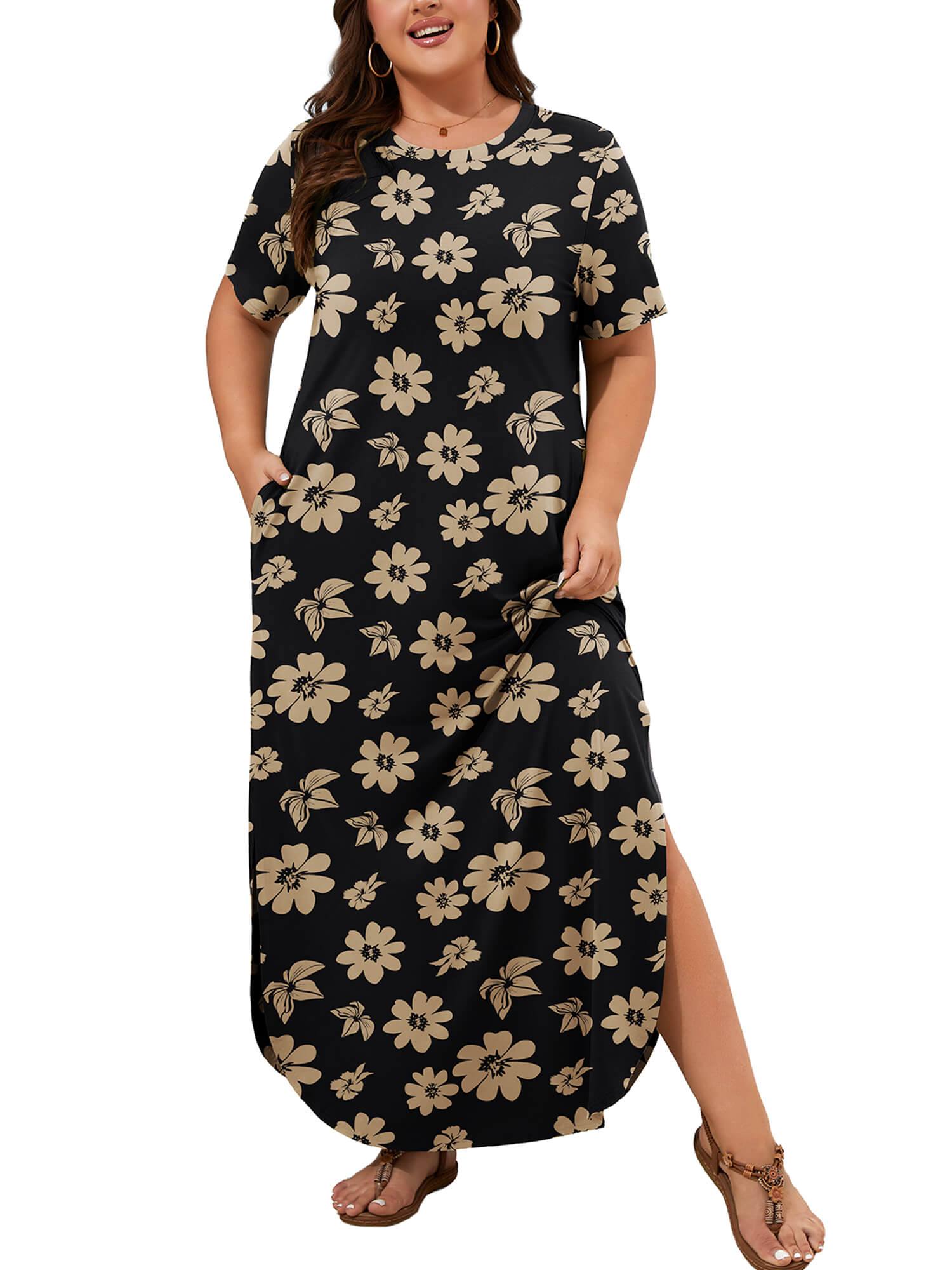 SHOWMALL Plus Size Women’s Summer Maxi Dress, Flowy Side Slit Long Dress with Pockets, Minimalist Black Beige Floral 2X Breathable Resort Wear for Beach Cruise & Vacation