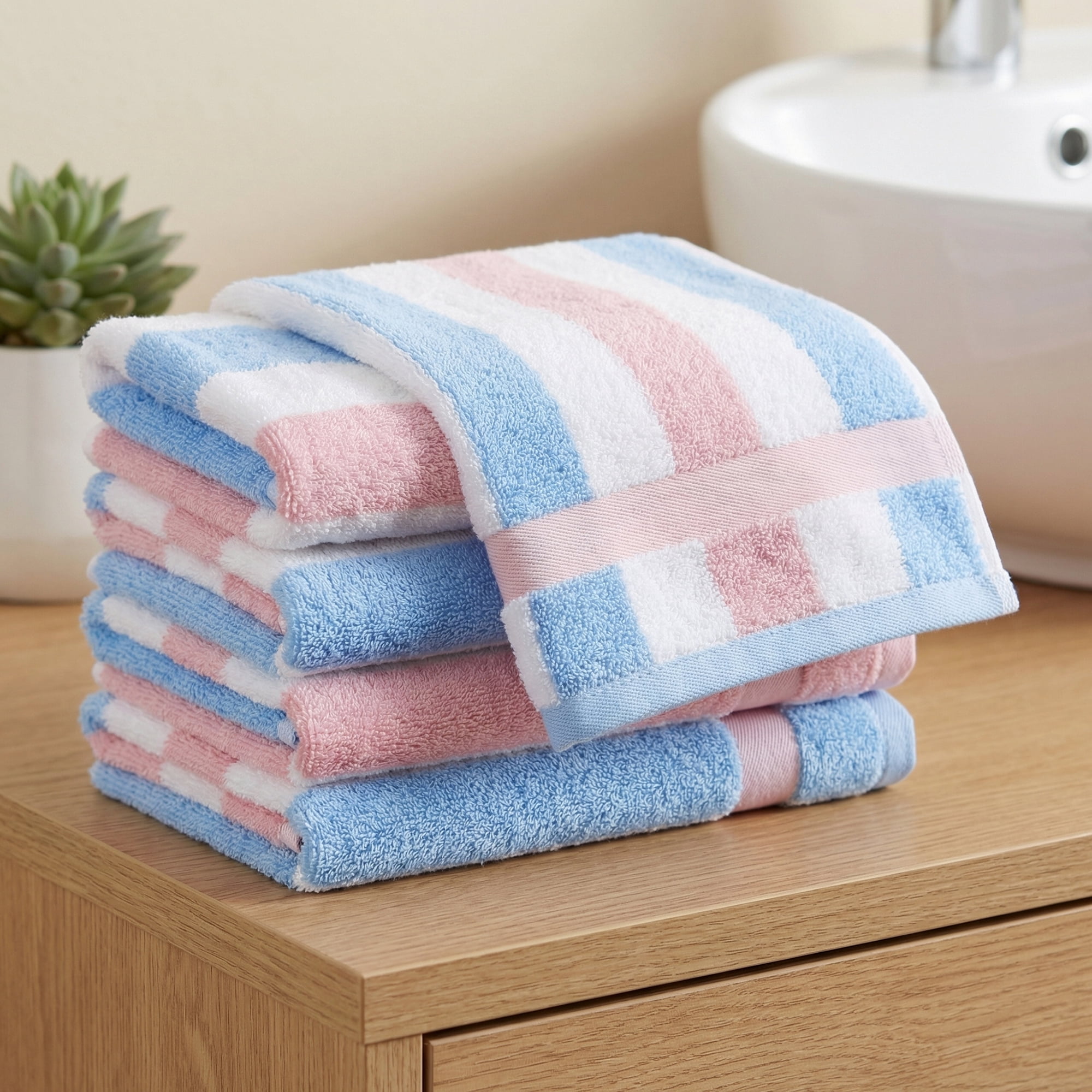 Unique Bargains 13 x 13 Inches Striped Cotton Showering Bathroom Washcloths Pink 4pk