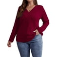 thumbnail image 2 of Women'S Plus Size Tops Trendy V Neck Casual Long Sleeve Shirts Knit Sweaters Wine Red XL, 2 of 7