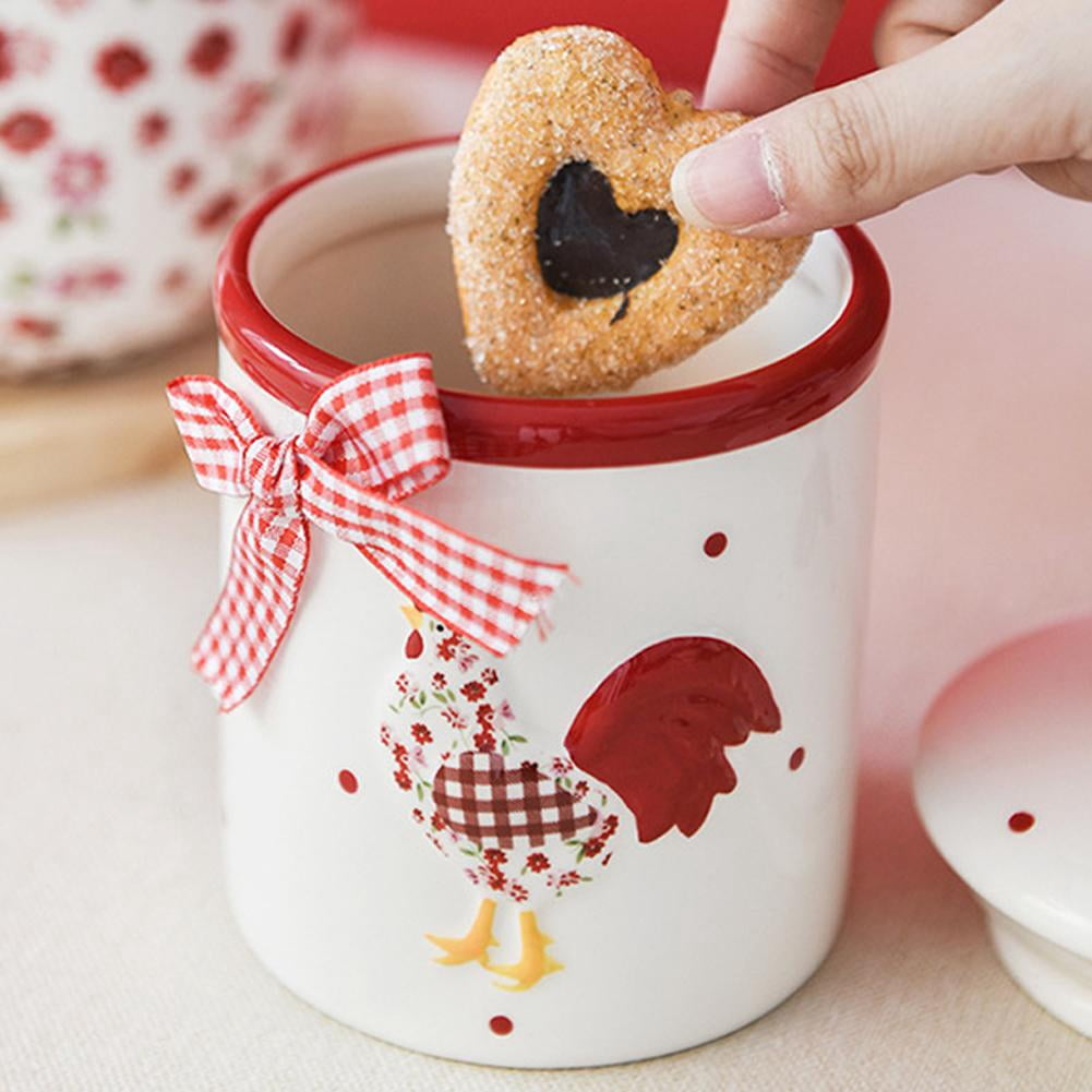 Ceramic Easter Sugar Canister with Rural Chicken & Floral Pattern, Rooster Hen Cookie Jar, Airtight Food Storage Container, Red