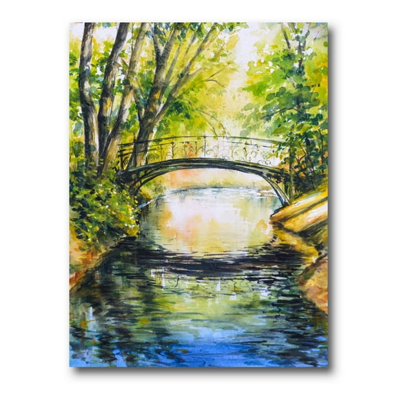 Designart ' Forest Park With Bridge Over Troubled Water ' Lake House Canvas Wall Art Print
