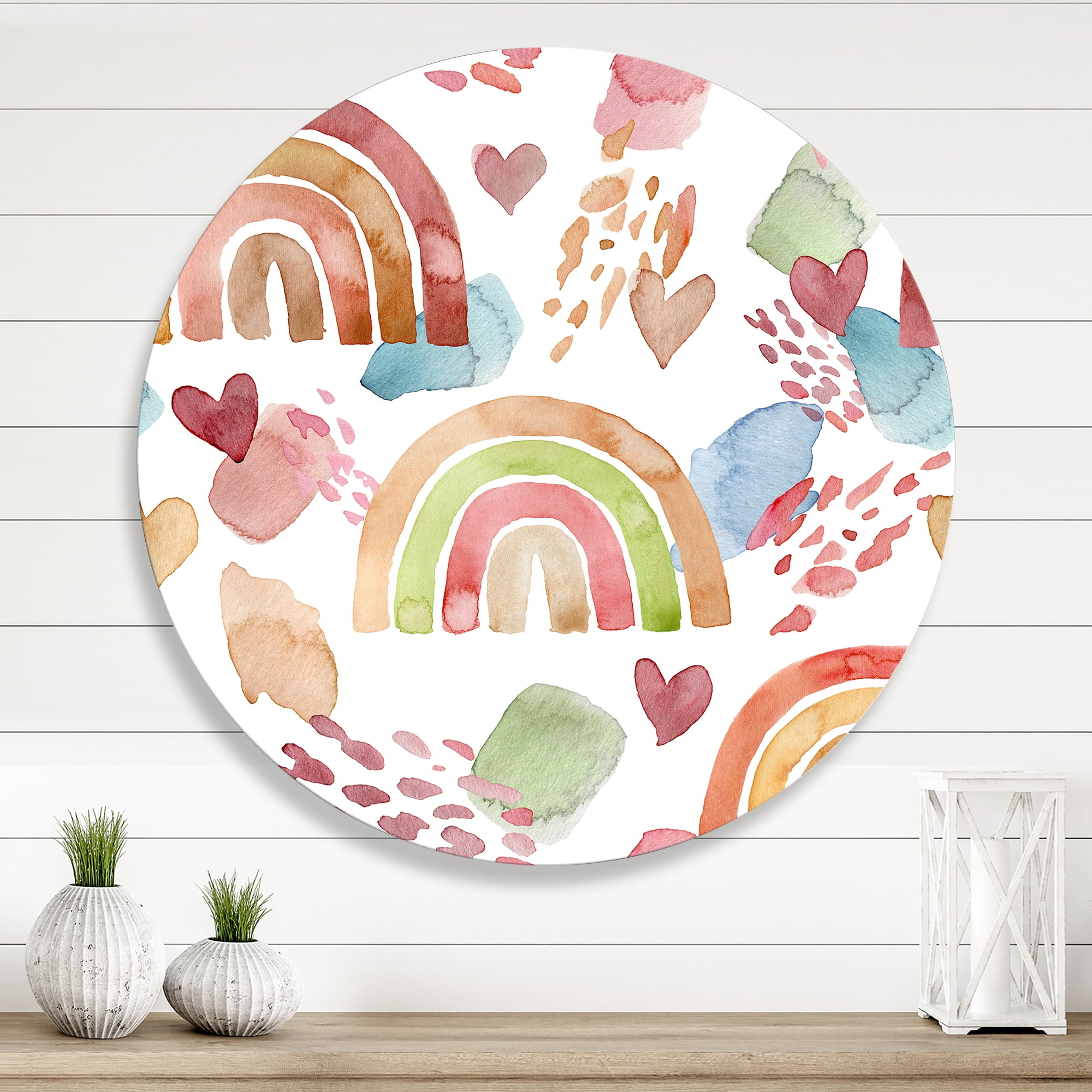 Designart 'Multicolored Rainbows Hearts and Clouds' Children's Art Circle Metal Wall Art 11x11 - Disc of 11