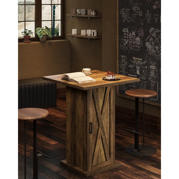 Finmind 4-Tier High Bar Table, Square 39.37" High Home Bar Unit with 4 Storage Shelves, Farmhouse Counter Hight Pub Kitchen Table with Door, Brown