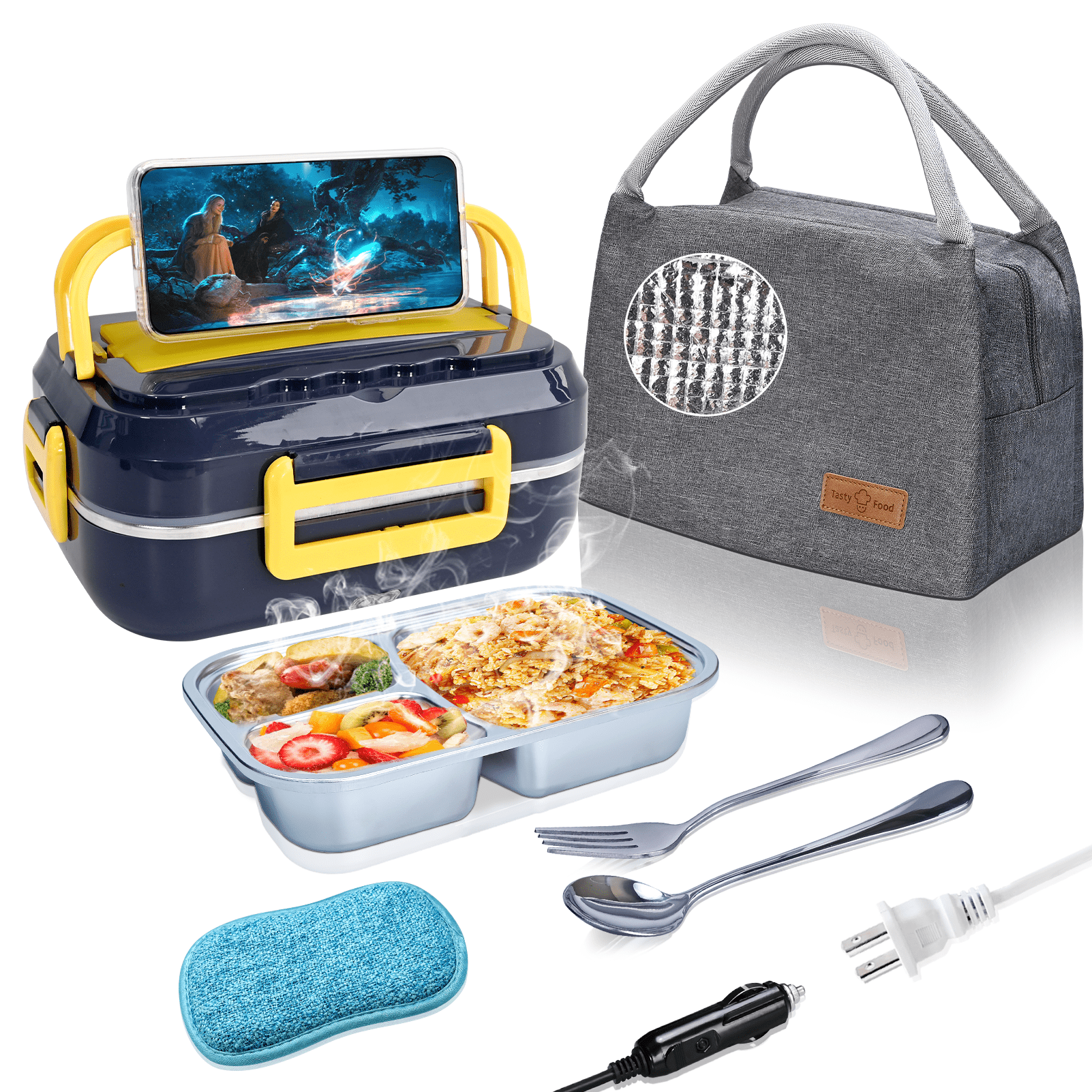 Aynaxcol Electric Lunch Box with Fork Spoon & Bag, 3 in 1 Portable Food  Warmer 1.5L Heated DC Out Door Microwwave for Car, Truck, Home Leak Proof  12V 24V 110V, Removable 304