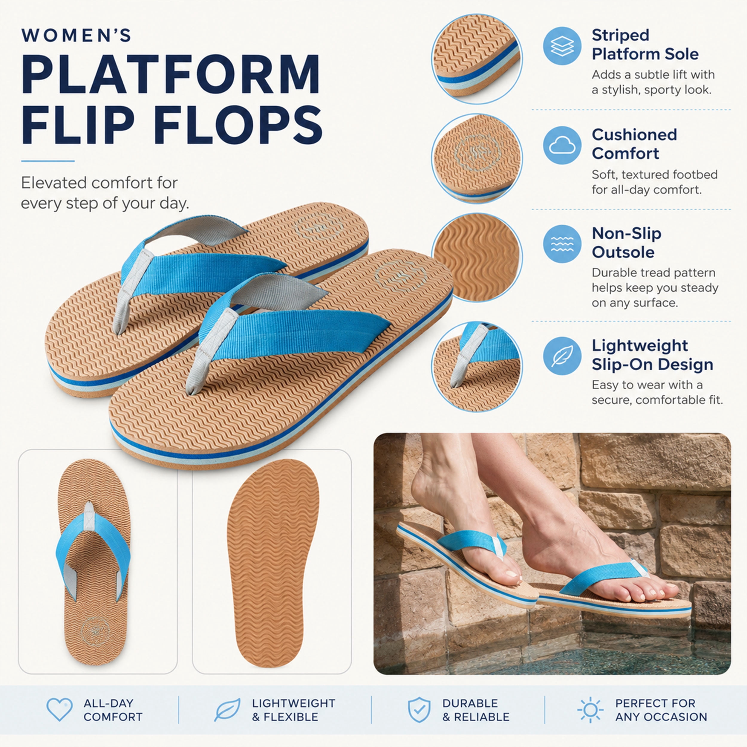 Aerusi Women’s Lightweight Flip Flops, Cushioned Comfort Thong Sandals, Non-Slip Beach Pool Shower Sandals