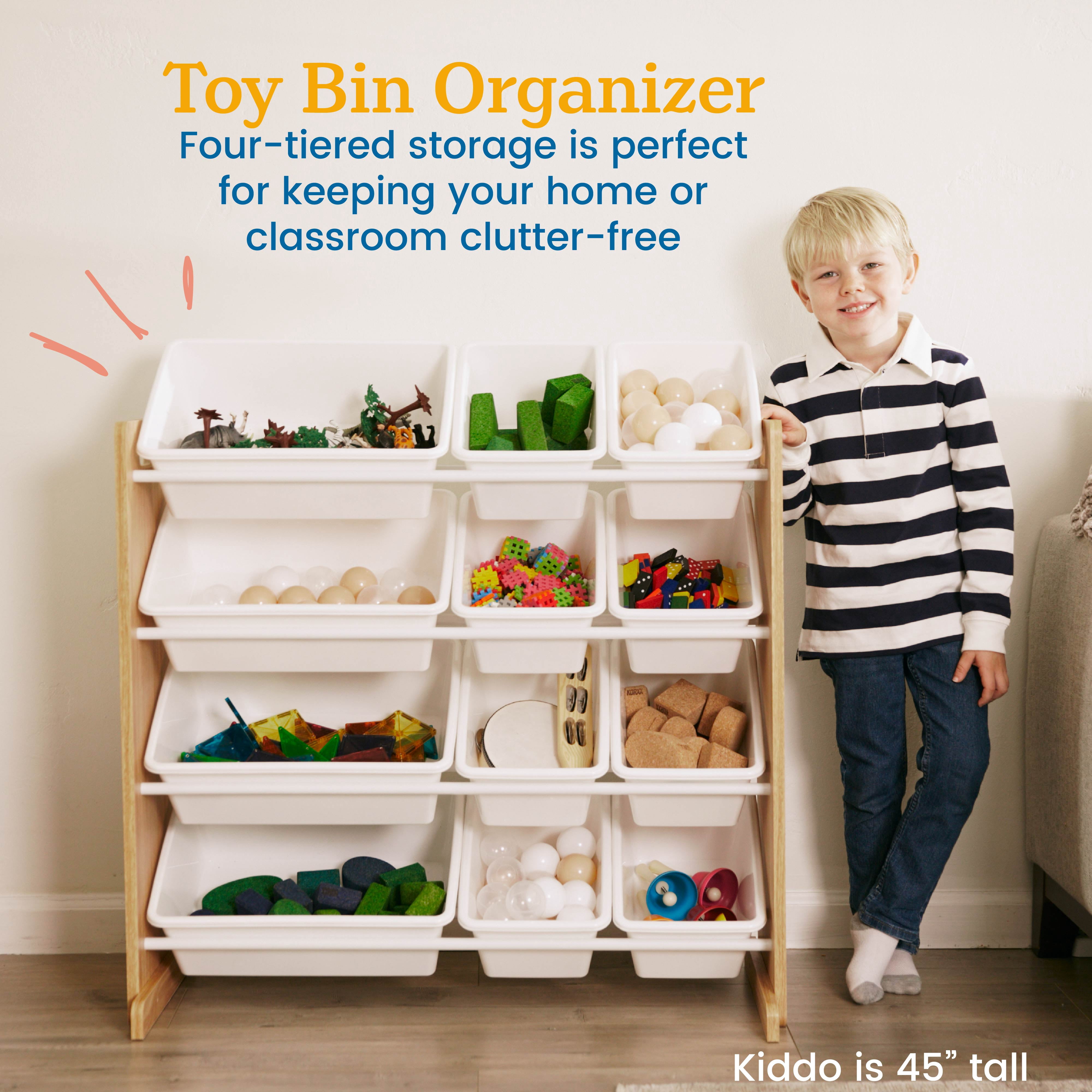 ECR4Kids 4-Tier Organizer with 12 Removable Plastic Bins, 4x3, Toy Storage, Dark Natural/White