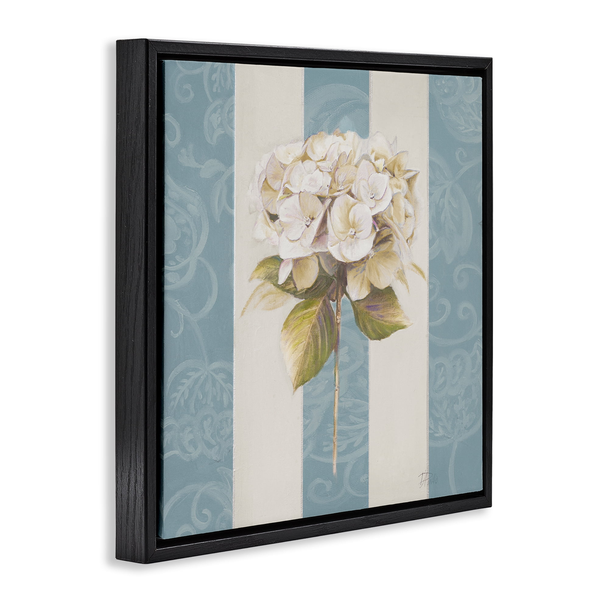 Stupell Industries Hydrangea Sprig on Stripes Plants & Flowers Painting Black Floater Framed Canvas Art Print Wall Art, 25 x 25