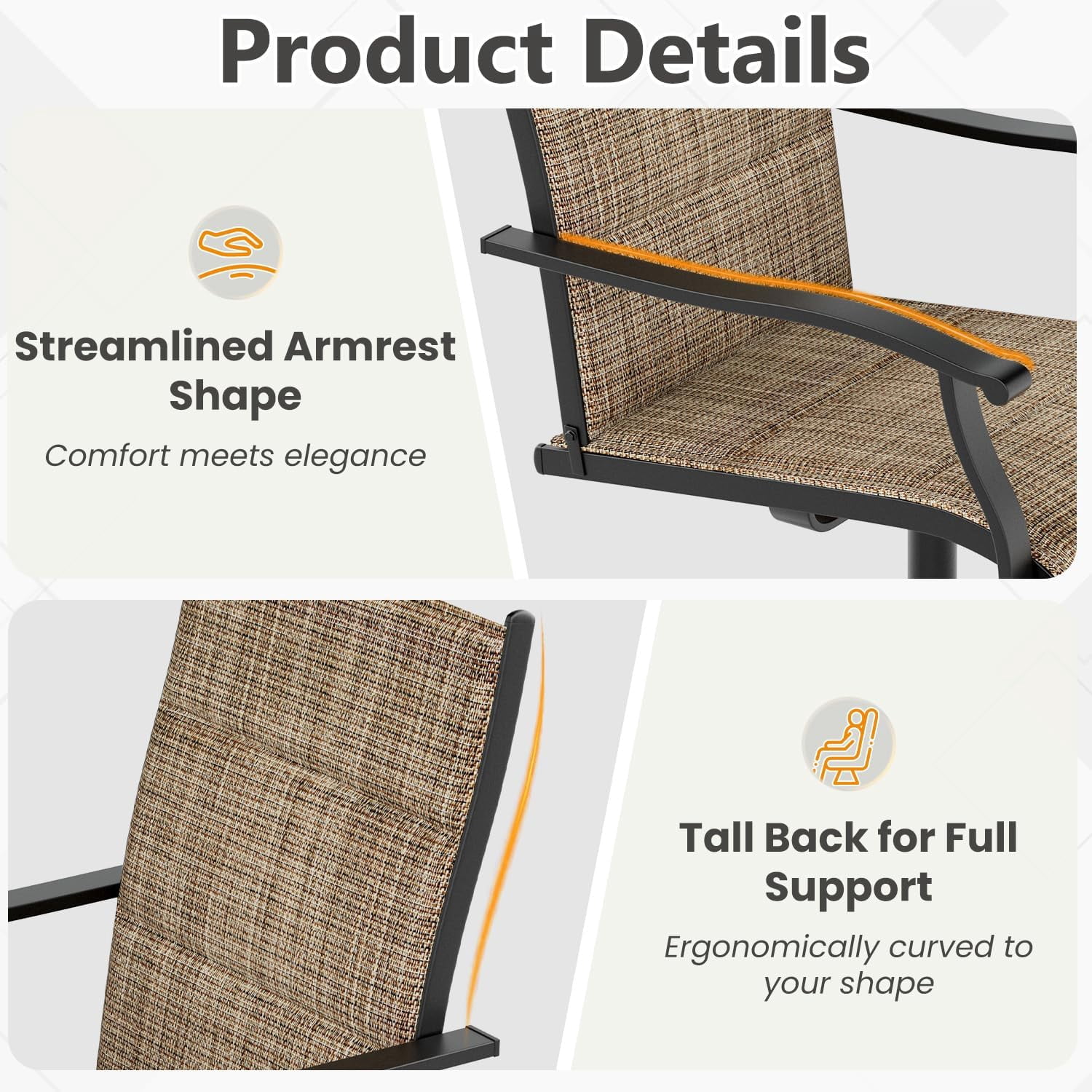Erinnyees Patio Swing Dining Chairs Set of 2, Stackable Outdoor Swing Chairs, All Weather Breathable Textile, Heavy Duty Metal Frame Porch Chairs for Backyard, Lawn (Only Chairs, Brown, Set of 2)