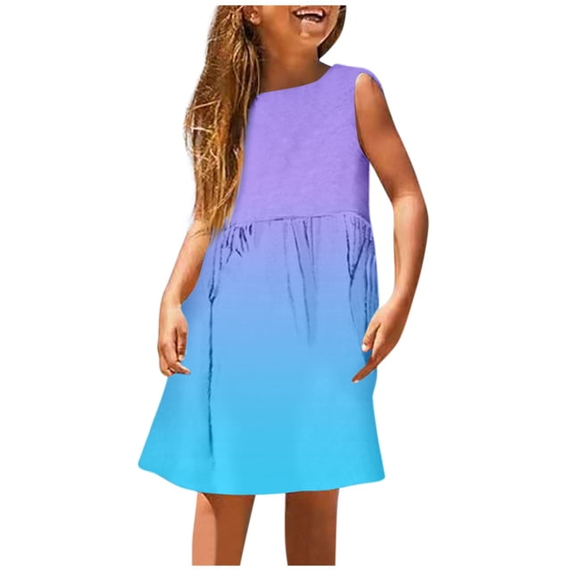 Robes Filles - Robe d'Été Sans Manches pour Tout-Petits Enfants - Design Décontracté Extensible Col Rond avec Imprimé Dégradé pour Plage et Extérieur