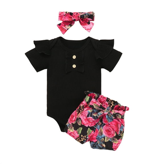 Baby Girl Outfits Solid Ribbed Romper Floral Bow Shorts Headbands Girls Summer Clothing Sets Cute Shorts Set Black 18-24 Months