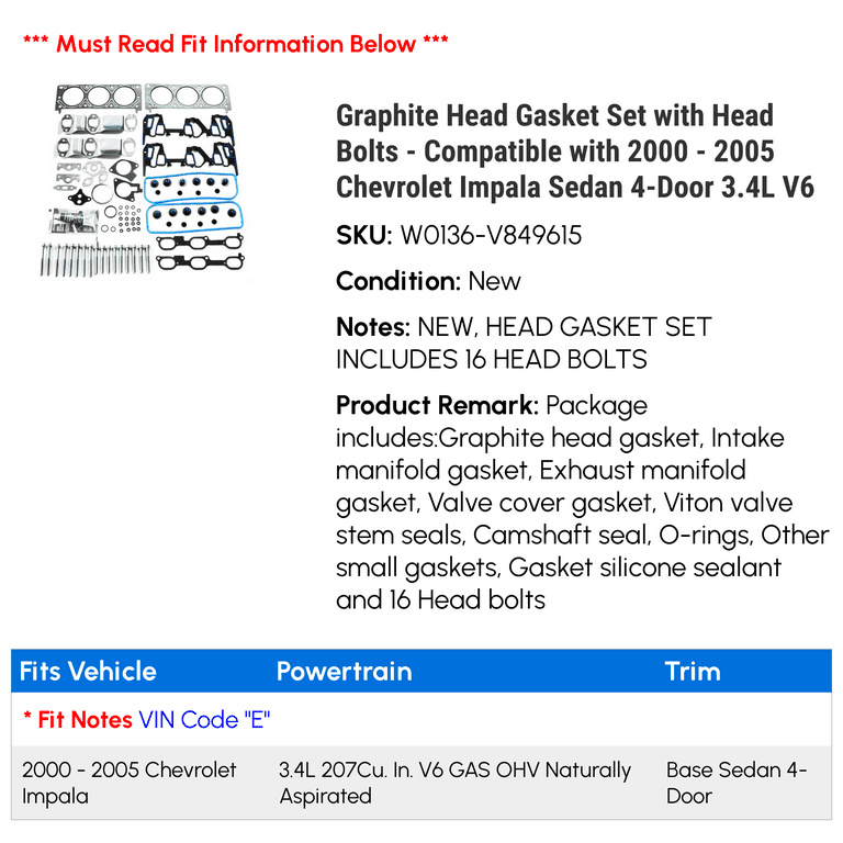 Complete Head Gasket Set With Bolts For GM 3.4L VIN E Engine (Impala, Venture, Etc - Foto 2