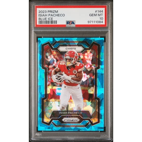 2023 Panini Prizm Blue Ice Prizm Isiah Pacheco #144 /99 PSA 10