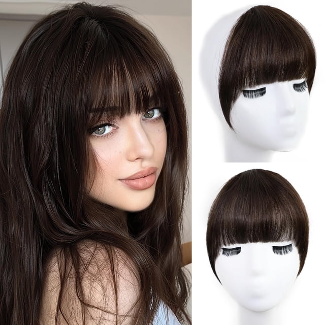 XIXISNOW Flequillo con clip Extensiones de cabello humano real Cortina falsa invisible Flequillo francés curvado con patillas Clips naturales sintéticos en postizos para mujeres Niñas Fiesta Uso dia